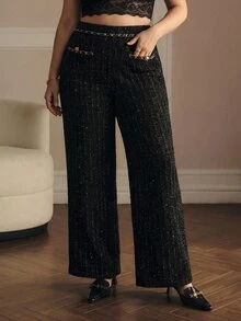 MOTF PREMIUM PLUS SIZE AUTUMN/WINTER CHAIN DECOR TWEED WIDE LEG PANTS - Black - View 6