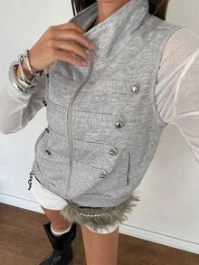 K-Vae Women's Street Style Napoleon Zipper Vest Jacket With Pockets - Grey - View 5