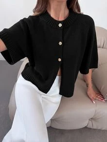 Firerie 女款素色短袖單排扣休閒針織開襟衫 - 黑色 - 查看 4