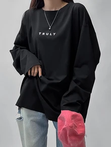 DAZY 女款字母印花休閒百搭長袖T恤，適合日常穿著，秋季寬鬆大版女式T恤 - 黑色 - 查看 2