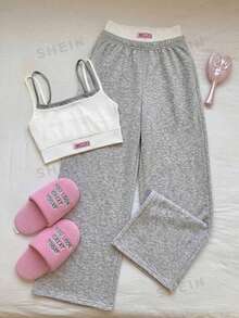 Comfortcana Plus Size Women's Letter Print Denim Camisole Top And Pants Casual 2-Piece Set - Light Grey - View 4