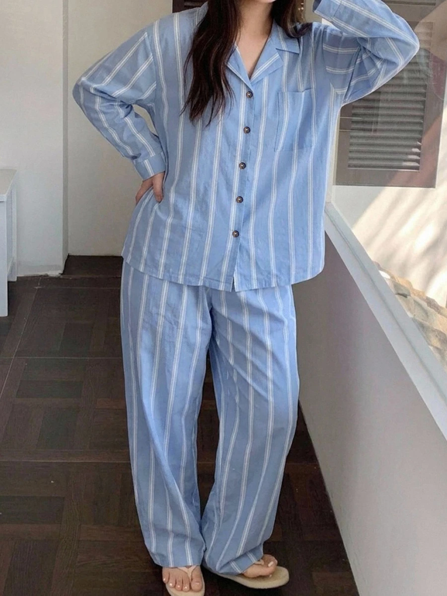 Dazy Plus 2件組女款春夏季條紋寬鬆短袖上衣與長款睡褲大尺碼紫色可愛睡衣套裝秋季 - 藍色 - 查看 1