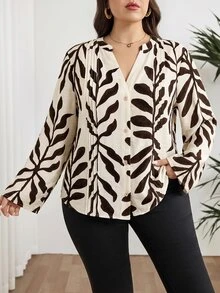 Modelyn Plus Size Women's Leaf Print Casual Versatile Daily Wear Shirt - Multicolor - View 8
