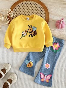 LMoss Kids 女嬰針織可愛卡通蜜蜂圖案圓領運動衫與喇叭褲 2 件套 - 彩色 - 查看 6