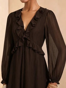 SHEIN Veneréa Gaun Panjang Wanita dengan Lengan Lentera Berkerut dan Leher V - Chocolate Brown - View 4