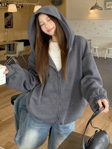DAZY Women's Solid Color Hooded Zip-Up Casual Everyday Sweatshirt Fall Oversized T Shirts For Women - Grey - View 5