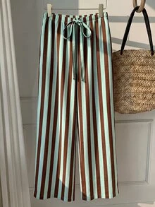 SHEIN EZwear 女款休閒綁帶腰直筒長褲，適合夏季 - 彩色 - 查看 3