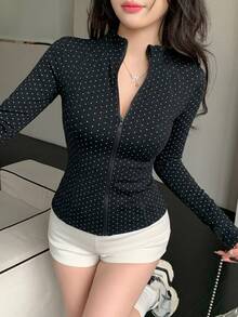 Dazy Tall 女款圓領長袖前扣波點襯衫 秋季 - 黑色 - 查看 5