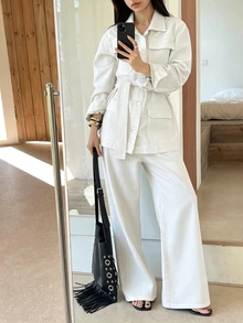 Dazy Tall Women's Waist-Cinched Loose Blouse And Loose Straight-Leg Pants Casual 2 Pieces Denim Set - White - View 5