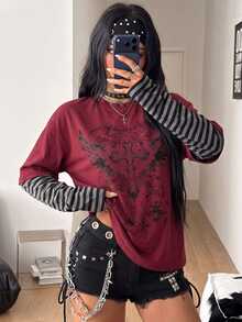 Coolane 女款秋冬街頭風休閒嬉皮學院風搖滾龐克哥德風棉質圖案寬鬆長版上衣 - 酒紅色 - 查看 1