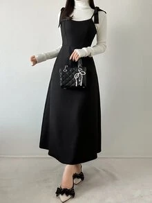 FRIFUL Gaun Tank Panjang Berlapis dengan Tali Ikat di Belakang untuk Wanita di Musim Gugur - Hitam - View 5