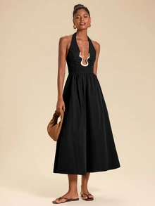 Travachic Elegant Sexy Backless Halter Neck Dress Night Out Vacation Black And Silver Summer - Black - View 6
