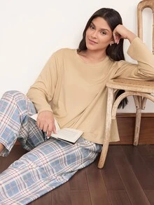 Doze Lane Plus Size Solid Color Long Sleeve Top And Puff Wrinkled Fabric Plaid Print Pants Pajama Set - Multicolor - View 5