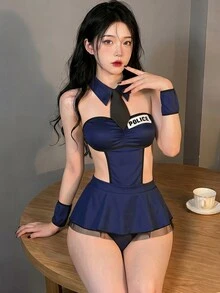 Dansine 女警官百褶抹胸連衣裙附丁字褲與綁帶套裝 - 藏蓝色 - 查看 4