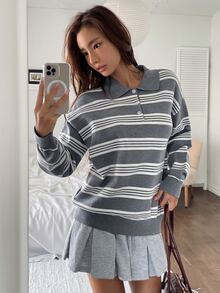 K-Vae Women's Casual Colorblock Striped Sweater, Autumn/Winter - Grey - View 1
