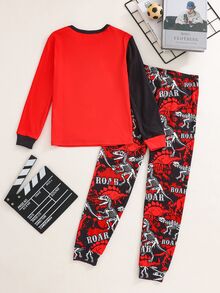 SHEIN 2件組兒童青少年男孩休閒日常舒適印花圓領套頭睡衣上衣與長褲針織居家服修身套裝 - 紅色 - 查看 2