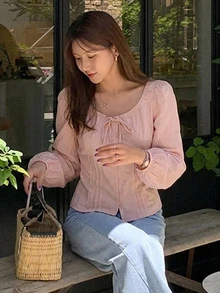 Dazy Tall Women's Large Scoop Neck Long Sleeve Casual Pink Blouse Vacation - Pink - View 8