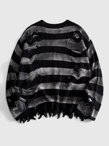 ROMWE MEN Men's Heavy-Duty Dark Gothic Streetwear Striped Distressed Spray-Painted Patchwork Leather Sweater - Black and White - View 3