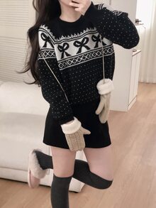 DAZY Women's Round Neck Bowknot Korean Style Long Sleeve Colorblock Autumn/Winter Sweater - Black - View 7