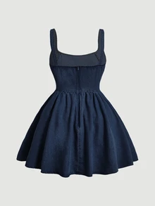 SHEIN MOD Plus Size Women's Pleated Casual Party Spaghetti Strap Denim Dress - Dark Wash - View 2
