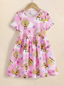 SpongeBob SquarePants | SHEIN Young Girl Rainbow Print Round Neck Short Sleeve Dress - Multicolor - View 3