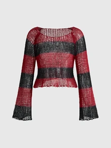 ROMWE Goth Y2K Dark Style Red & Black Striped Hollow Knit Long Sleeve Cropped Top - Black - View 1