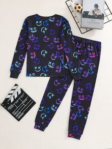 SHEIN 2件組兒童青少年男孩休閒日常舒適螢光遊戲機印花圓領套頭睡衣上衣與長褲針織居家服修身套裝 - 彩色 - 查看 2