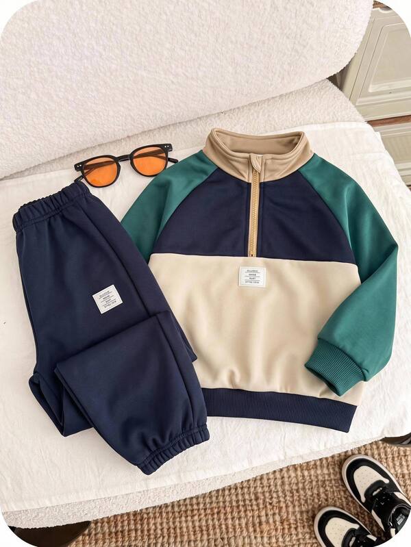 SHEIN Young Boys Autumn/Winter Fleece Brushed Thick Small Stand Collar Raglan Sleeve Front Pocket Solid Color Sweatshirt And Pants 2 Pieces Set, Tracksuit