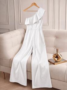 GlowEve Women's One-Shoulder Ruffle Denim Jumpsuit - White - View 3