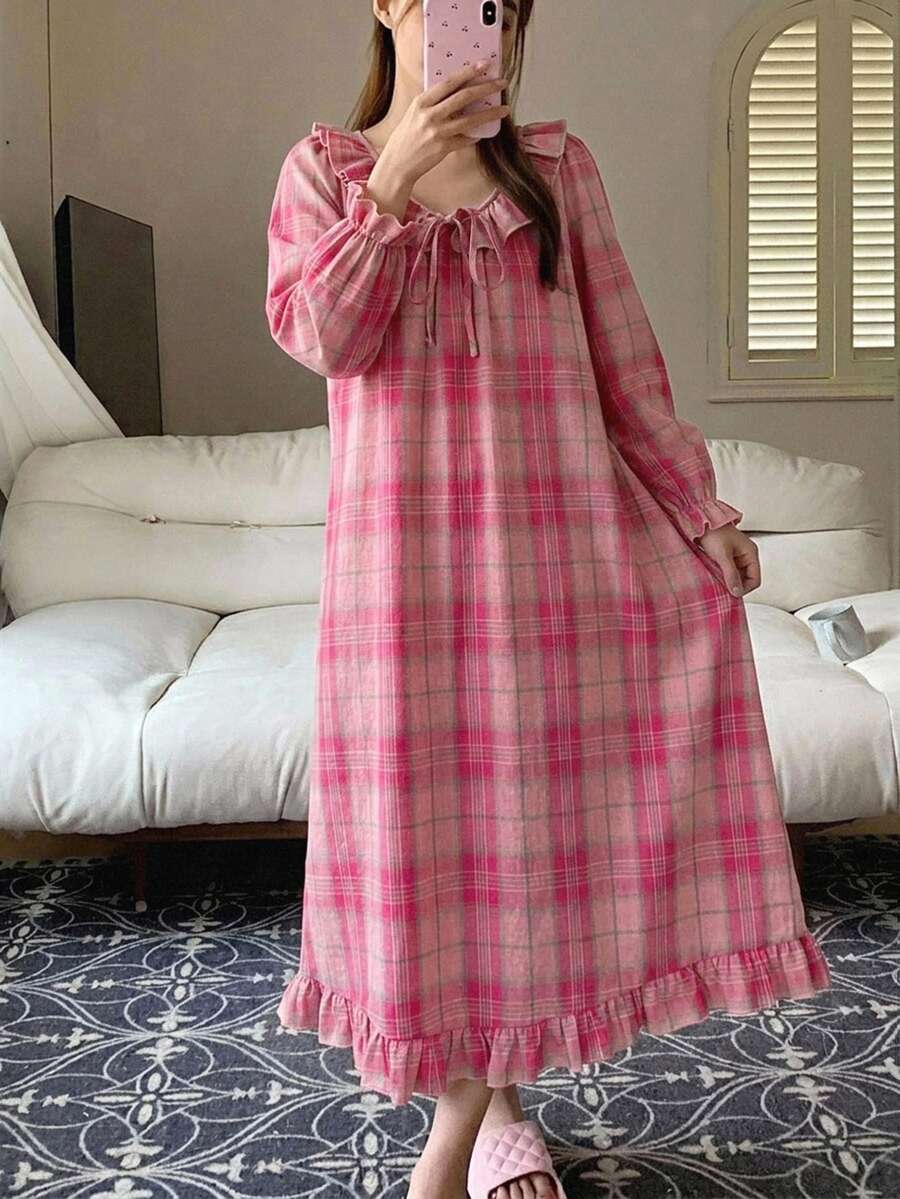 DAZY Plaid Ruffle Petal Sleeve Long Dress Nightgown For Women - Pink - View 1