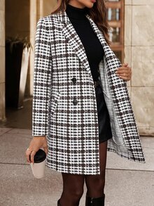 Editum Women's Houndstooth Casual Daily Overcoat - Coffee Brown - View 7