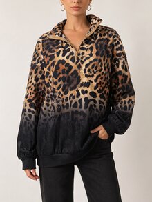 SHEIN EZwear 時尚女款美式漸層豹紋印花運動衫 - 彩色 - 查看 4