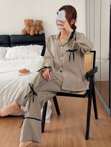 Napfluff Striped Print Bow Tie Decor Lapel Cardigan & Pants 2 Pieces Set Loungewear - Multicolor - View 6