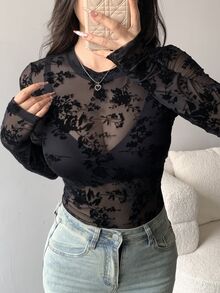 Dazy Tall 女款圓領長袖網紗花卉底層上衣 秋季 - 黑色 - 查看 3