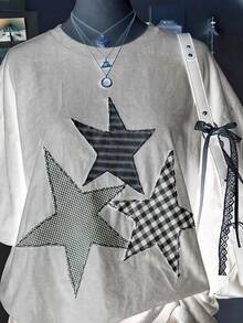 SHEIN 大尺碼女款星星刺繡圓領落肩休閒T恤 - 彩色 - 查看 5