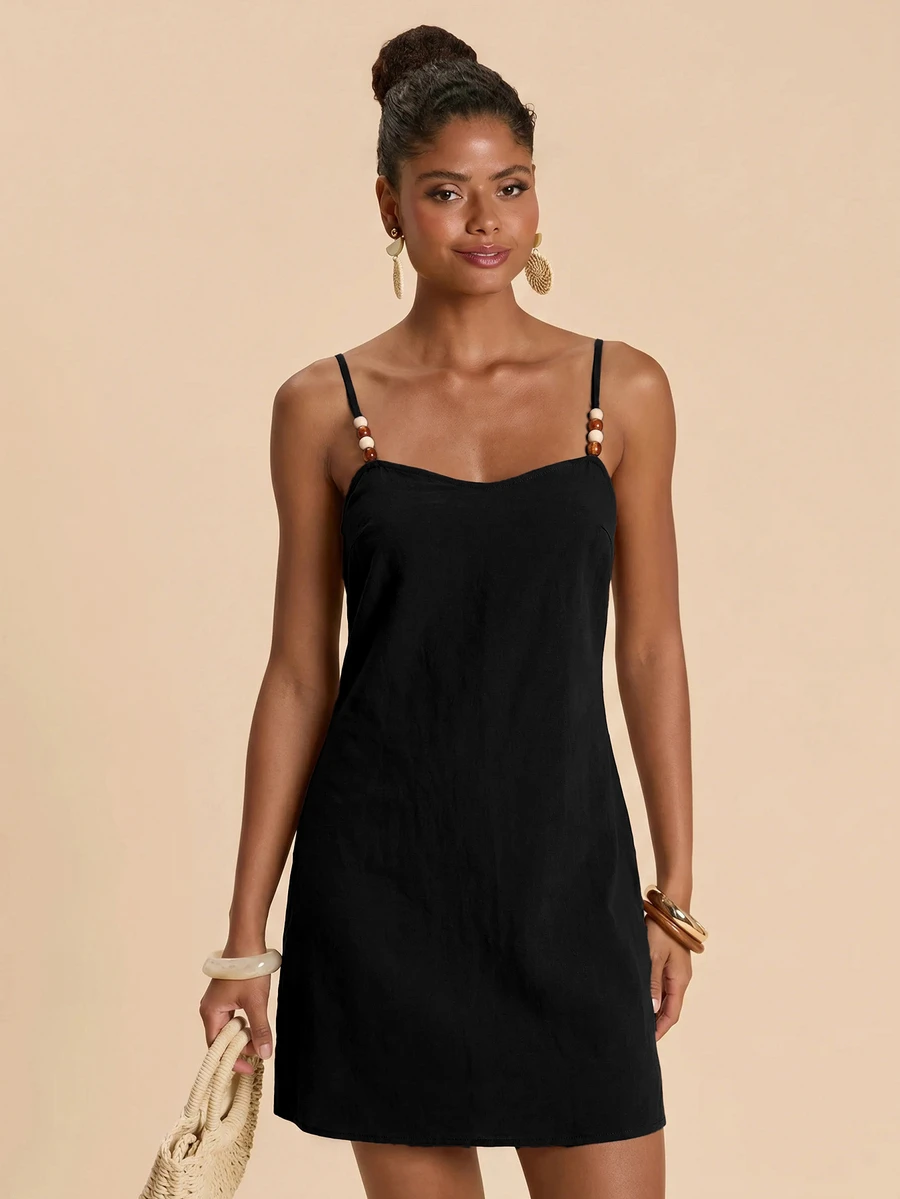 Travachic Elegant Casual Basic Solid Color Spaghetti Strap Mini Dress For Vacation Vacation Black Summer - Black - View 1