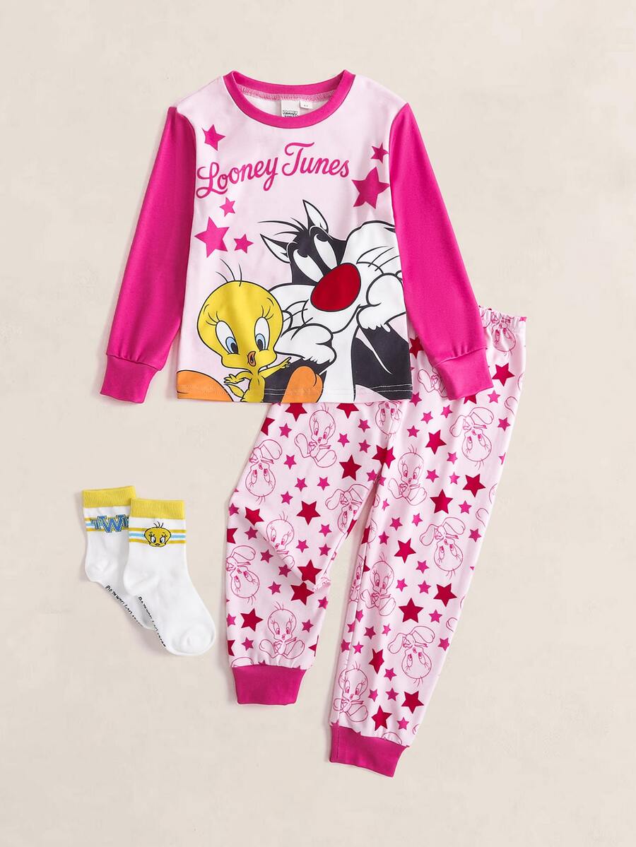 LOONEY TUNES X SHEIN 女童字母印花長袖T恤與長褲家居服套裝 - 粉色 - 查看 1