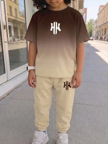 青少年男孩休閒舒適時尚極簡圓領短袖T恤與長褲套裝 - 彩色 - 查看 2