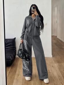 StreetHx Setelan 2 Potong Wanita: Hoodie Sweatshirt Oversized Motif Huruf Musim Gugur dan Celana Jogging Kasual Motif Huruf - Grey - View 5
