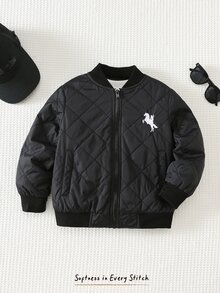 Cozy Pixies 小男孩冬季菱格紋黑色填充外套 經典刺繡棒球風舒適外套 - 黑色 - 查看 7