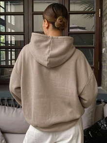 DAZY 連帽休閒保暖內裡純色中性寬鬆女款衛衣 秋季 - 橘色 - 查看 2