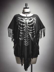 SHEIN ICON Plus Size Y2K Vintage Distressed Skull Print Fringe Cape Top Halloween - Black - View 1