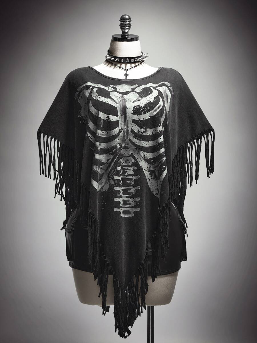 SHEIN ICON Plus Size Y2K Vintage Distressed Skull Print Fringe Cape Top Halloween - Black - View 1