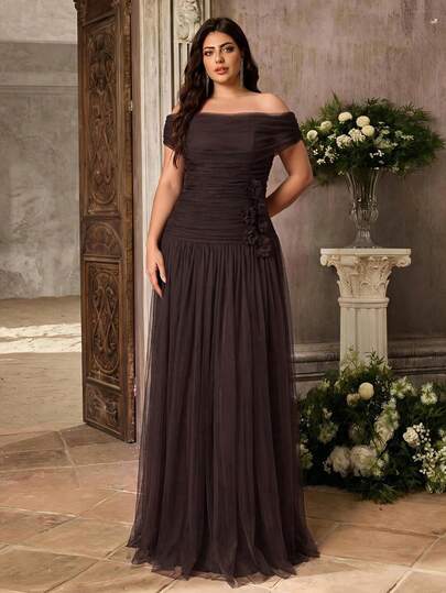 Aureia Plus Size Elegant Romantic Fashion Dignified Green Mesh Off-Shoulder Draped Neckline Bustier Boning 3D Floral Decor Extra Elegant Party Dress Wedding Guest Dress Bachelorette Party Dress Formal Evening Gown