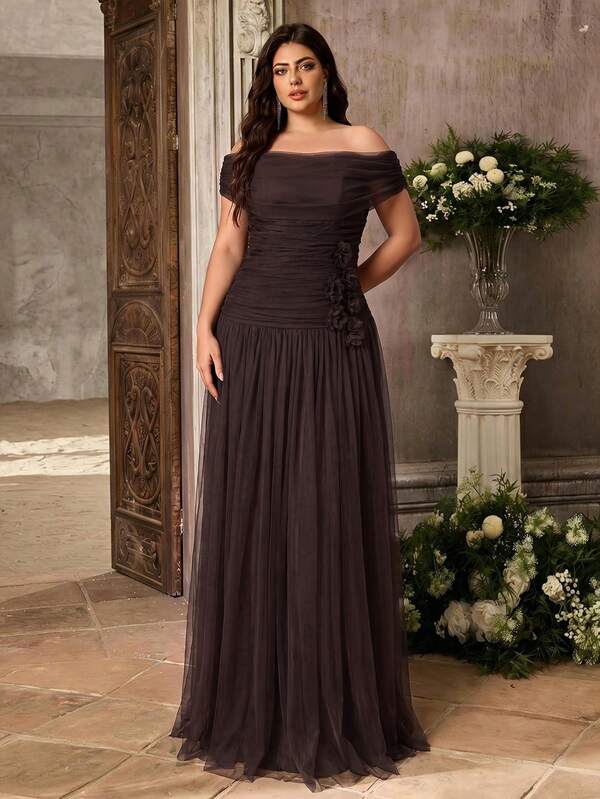 Aureia Plus Size Elegant Romantic Fashion Dignified Green Mesh Off-Shoulder Draped Neckline Bustier Boning 3D Floral Decor Extra Elegant Party Dress Wedding Guest Dress Bachelorette Party Dress Formal Evening Gown