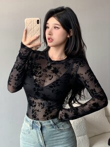 Dazy Tall 女款圓領長袖網紗花卉底層上衣 秋季 - 黑色 - 查看 8