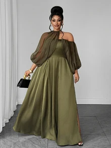 Maweii Plus Size Strapless Tie Sleeve Cinched Waist Long Slit Dress For Women - Green - View 1