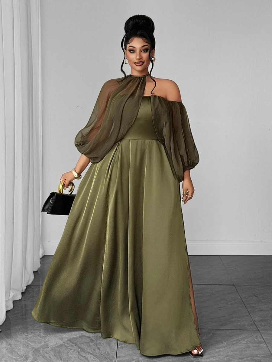 Maweii Plus Size Strapless Tie Sleeve Cinched Waist Long Slit Dress For Women - Green - View 1