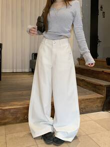 DAZY Women's White High-Waist Loose Wide Leg Casual Versatile Washed Denim Jeans, Streetwear Daily Outfit Fall - Blue - View 5
