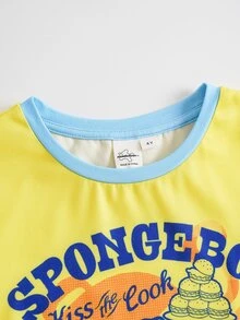 SpongeBob SquarePants | SHEIN 小男孩卡通印花短袖上衣與休閒短褲家居服套裝 - 黃色 - 查看 3